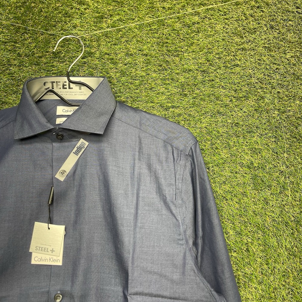 Calvin Klein Steel+ Dress Shirt Mens 15.5 32/33 Slim Fit Blue Denim Button NWT